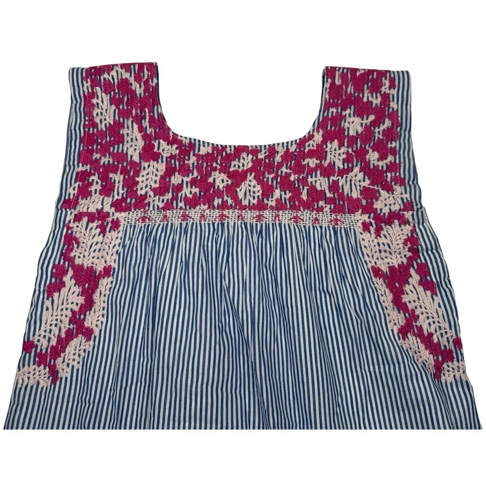 J MARIE Embroidered Top‎ Tunic Fuschia Pink Blue Pinstripes Sleeveless Floral XS - Picture 2 of 13